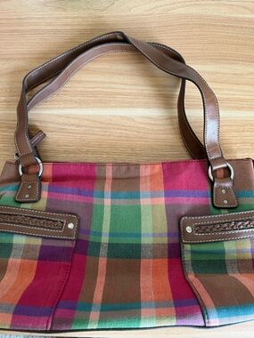 Relic Multicolor Plaid Satchel with Brown Handles